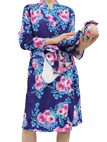 SUFEINI Maternity Robe with Matching Swaddle Set, Mommy Me Swaddle Set Maternity Bathrobe Labor Nursing Delivery Gown - color: B07-purple Flower, size: Medium