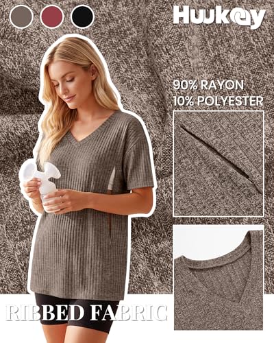 Huukeay 3 Pack Women's V Neck Nursing T-Shirts - color: Red, Light Coffee, Black, size: Large