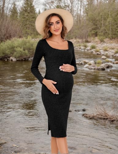 LAHILO Long Sleeve Knit Ribbed Maternity Sweater Dress for Fall Winter - color: Black, size: Medium