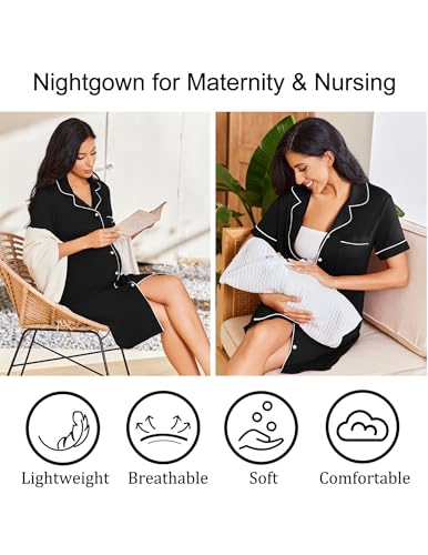 Ekouaer Nightgowns for Women 2 Pack Button Down Sleepwear Soft Sleepshirts - color: Black/Grey, size: Large