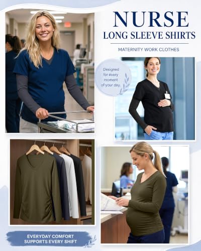 Neer 4 Pack Maternity Long Sleeve V Neck Under Scrub Tops - color: Black, White, Dark Gray, Army Green, size: Medium