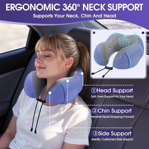 CloudBliss Travel Pillow for Airplanes, Memory Foam Neck Pillow Set, Blue - color: Blue