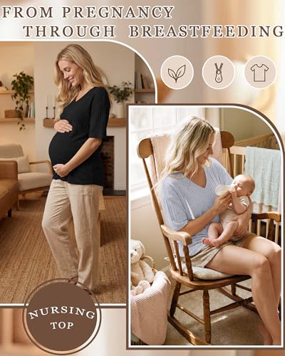 Ficerd 4 Pack Women's Oversize Nursing Shirts - color: Khaki, Cream, Light Gray, Black, size: Small