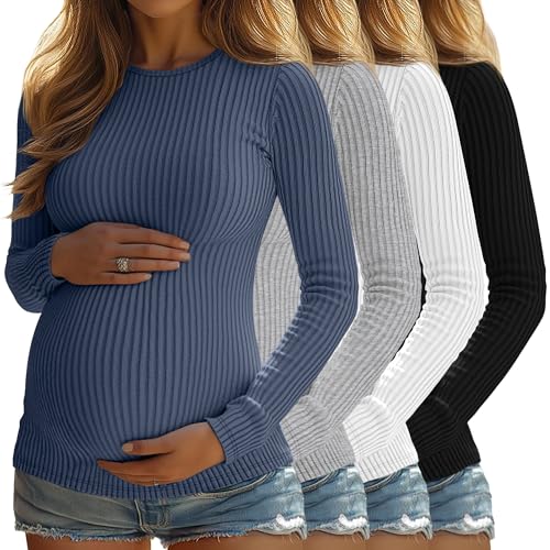 4 Pack Womens Ribbed Maternity Shirts Slim Fit Tops - color: Haze Blue, Light Gray, White, Black, size: XX-Large
