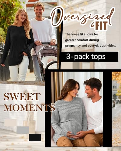 3 Pack Women's Long Sleeve Nursing Shirts - color: Cream, Gray, Black, size: Large