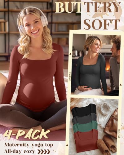 4 Pcs Womens Maternity Long Sleeve Square Neck Shirts - color: Orange, Dark Green, Gray, Black, size: Large