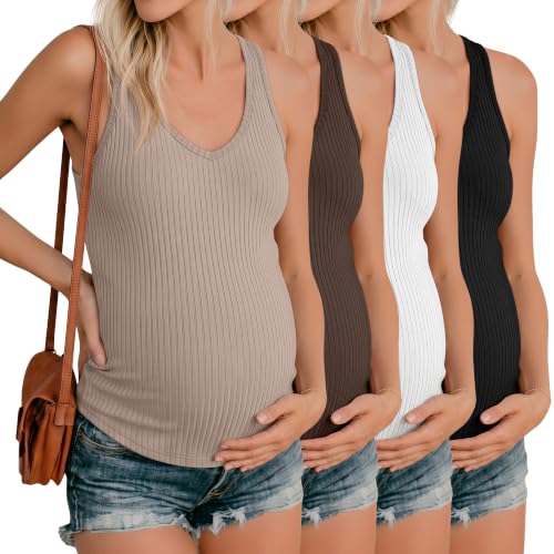 Neer 4 Pack Maternity Ribbed Tank Tops - color: Khaki, Coffee, White, Black, size: Large
