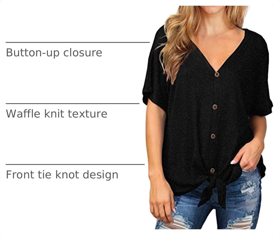 IWOLLENCE Women's Waffle Knit Tunic Blouse Tie Knot Short Sleeve Henley Tops Loose Fitting Bat Wing Shirts - color: C-black, size: X-Large