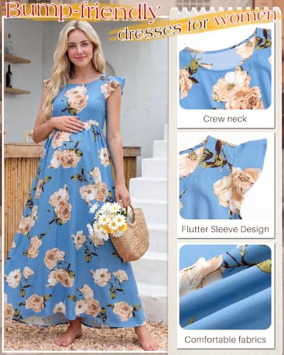 Huukeay Women Maternity Dress Ruffle Sleeve Floral - color: Dark Blue, size: Medium