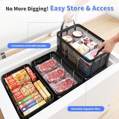 Freezer Organizer Bins, 4 Pack Large Mesh Deep Freezer Organizers, Black
