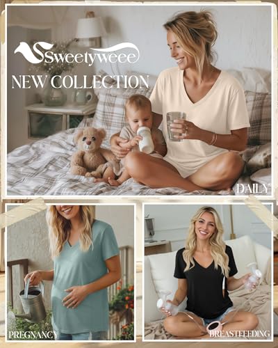 3 Pack Women's Nursing Tops Breastfeeding Shirts - color: Black, Gray Green, Apricot, size: Large