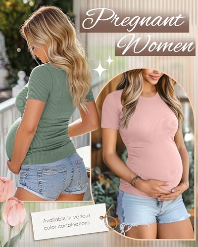 Ficerd 3 Pack Women's Short Sleeve Maternity Shirts - color: Light Green, Light Pink, Haze Blue, size: Large