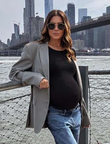 Maternity Shirt Long Sleeve Basic Top Ruch Sides Bodycon Tshirt for Pregnant Women - color: Black/White, size: Medium