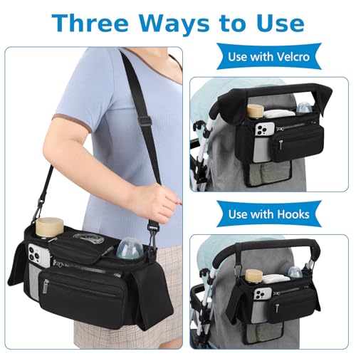 Accmor Universal Stroller Organizer with Insulated Cup Holder - color: All Black/Detachable Diaper Pocket