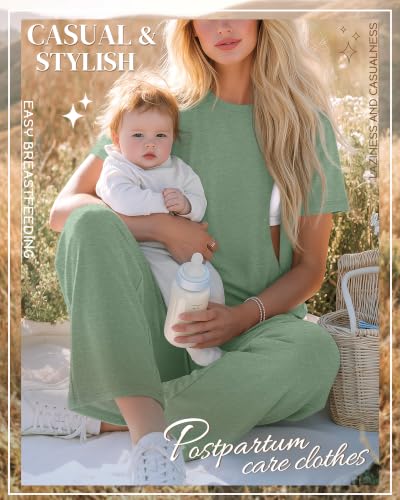 Ficerd 2 Pack Maternity Nursing Pajama Breastfeeding Sets Pjs - color: Sage Green, Wine Red, size: XX-Large