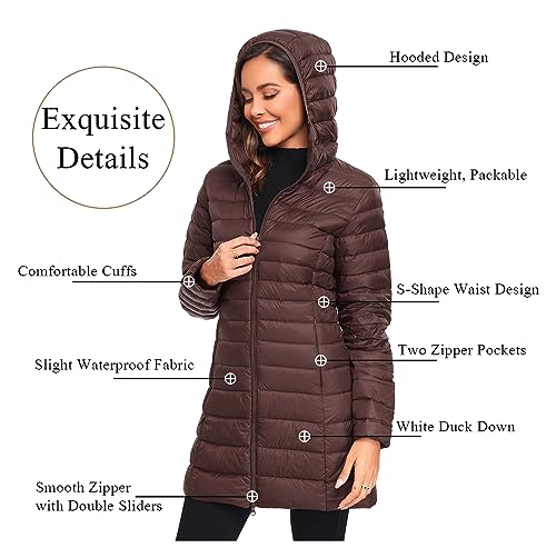 Obosoyo Women's Winter Packable Down Jacket Plus Size Ultralight Long Down Outerwear Puffer Jacket Hooded Coat - color: Coffee, size: X-Large