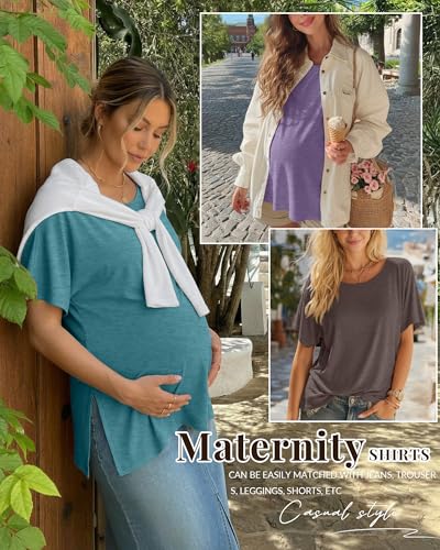 Riyiper 3 Pack Women's Maternity Tunic Cotton Shirts - color: Blue Green, Purple, Coffee Grey, size: Medium