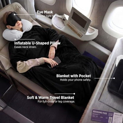 Bedsure Travel Blanket Set with Inflatable Neck Pillow and Eye Mask, Black - color: Black