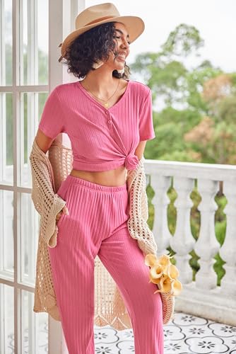 Ekouaer Pajama Sets for Womens 2 Piece Jogger Pants Lounge Set - color: Hot Pink, size: Medium