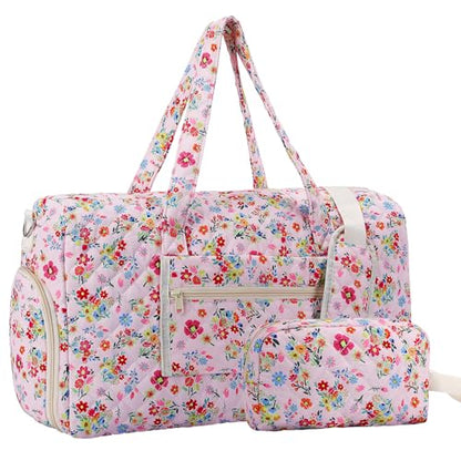 Pink Floral Quilted Weekender Duffel Bag Set with Shoe Compartment - color: Pink Print