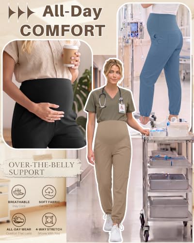 Locoowai 3 Pack Women's Maternity Jogger Scrub Pants with Pocket - color: Black, Haze Blue, Khaki, size: Large