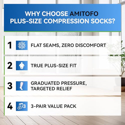 3 Pairs Plus Size Compression Socks for Women Men Wide Calf - color: 3 Pairs-Black, size: L/XL