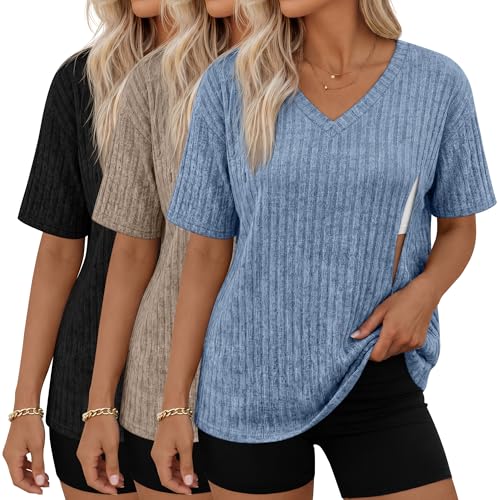 Huukeay 3 Pack Women's V Neck Nursing T-Shirts - color: Blue, Khaki, Black, size: Medium