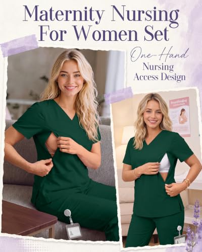 Women's Maternity Scrub Top Pant Set - color: Dark Green, size: XX-Large