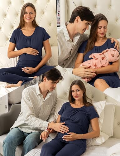 SUNNYBUY 3 PCS Maternity Nursing Sleepwear Set with Nightgown, Top & Pants - color: Navy, size: Large