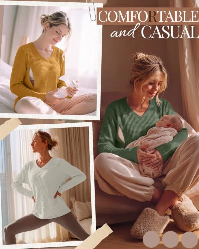 Huukeay 3 Pack Women's Long Sleeve Nursing Breastfeeding Shirts - color: Ginger Yellow, Light Green, Cream, size: Medium