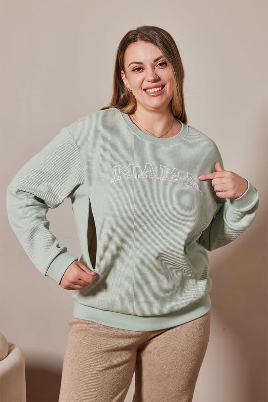 Maternity Sweatshirt Nursing Top Waffle Knit Breastfeeding Shirt with Zipper Pregnancy Mama Clothes Pullover - color: Green, size: Medium