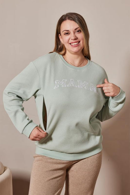 Maternity Sweatshirt Nursing Top Waffle Knit Breastfeeding Shirt with Zipper Pregnancy Mama Clothes Pullover - color: Green, size: Medium