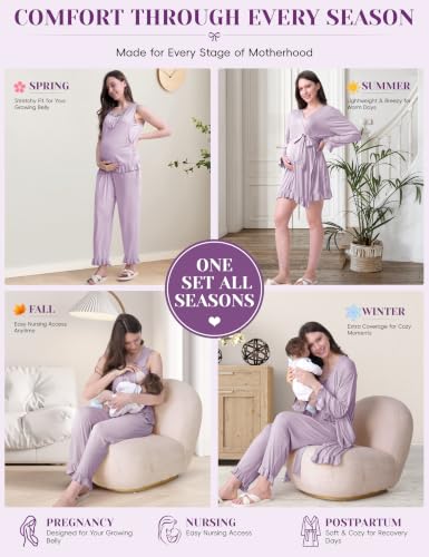 SUNNYBUY 3 PCS Ruffle Maternity Nursing Pajamas Set & Robe for Postpartum - color: Lavender, size: Small