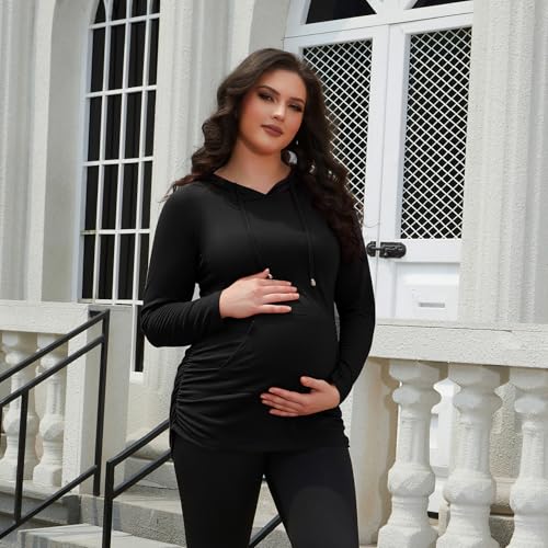 Bhome Maternity Hoodie Long Sleeves Shirt Casual Top Basic Tee Layering Sweatshirt - color: Black/Army Green, size: Medium
