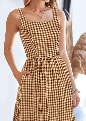 PRETTYGARDEN Women's Summer Gingham Maxi Long Dress - color: Coffee, size: Small