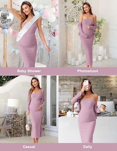 2 Piece Strapless Maternity Dress & Cardigan Set for Baby Shower - color: Dusty Purple, size: Medium