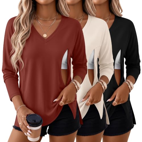Riyiper 3 Pack Women's Nursing Shirts for Breastfeeding - color: Autumn Leaf Red, Cream, Black, size: Medium