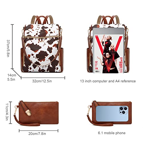 Makes Backpack Purse for Women PU Leather Casual Backpack Daily Travel Bag - color: Cow Brown Pattern