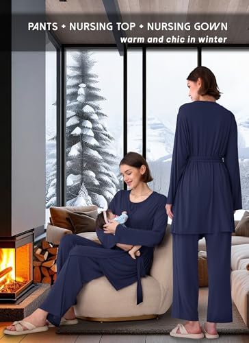 Rnxrbb 3 PCS Nursing Pajamas Robe Set Maternity Postpartum Pjs for Hospital - color: Navy, size: Medium