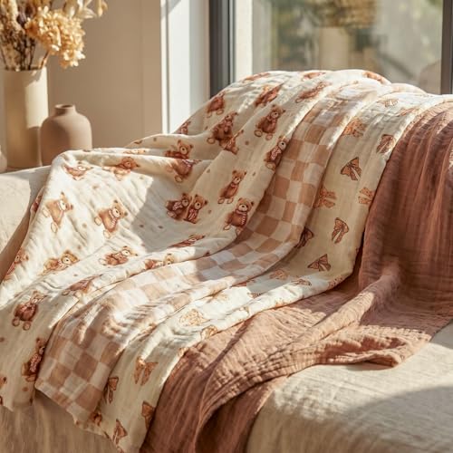 Muslin Swaddle Blankets for Newborn, Cotton Receiving Blanket - color: Bear Checkered