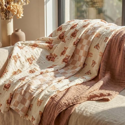 Muslin Swaddle Blankets for Newborn, Cotton Receiving Blanket - color: Bear Checkered