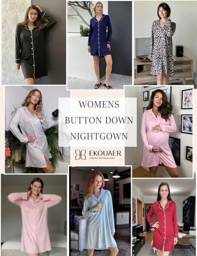 Ekouaer Womens Nightgown Long Sleeve Nightshirt Soft Button Down Sleepshirt - color: Leopard, size: Medium