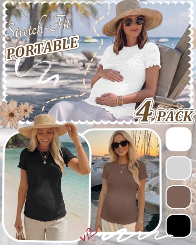 Riyiper 4 Pack Maternity Ribbed Knit Shirts for - color: Brown, White, Light Gray, Black, size: Small