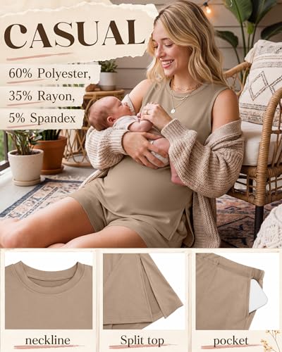 Riyiper Women's Maternity 2 Piece Casual Outfits Sets - color: Khaki, size: Small