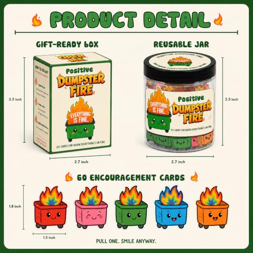Positive Dumpster Fire Jar, 60 Funny Coworker Gift Affirmation Cards - color: Positive Dumpster
