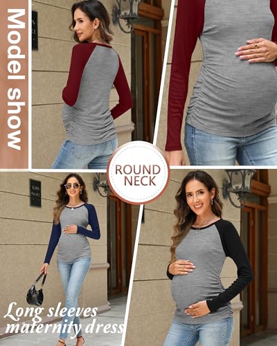 Neer 3 Pack Maternity Long Sleeve Shirts Ribbed Pregnancy Tops - color: Black, Navy Blue, Wine Red, size: Small