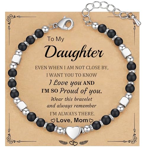 Christmas Gift for Women, Beaded Bracelets for Women Teen Girl Gifts Stocking Stuffers for Her Adjustable Nature Stone Bead Bracelet with Heart Birthday Jewelry Grandma Daughter Granddaughter Mom - color: Black Onyx- Daughter