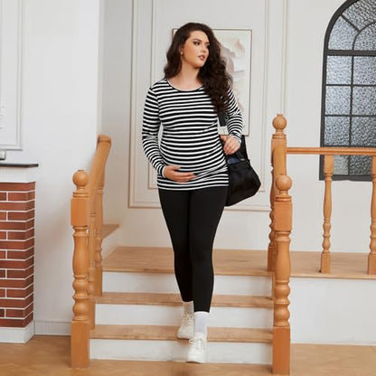 Maternity Shirt Long Sleeve Basic Top Ruch Sides Bodycon Tshirt for Pregnant Women - color: Black and White Stripe, size: X-Large