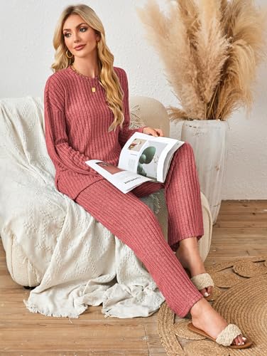 Kikibell Womens Sets 2 Piece Outfits Matching Lounge Set Cozy Knit Pajamas - color: Red, size: Large