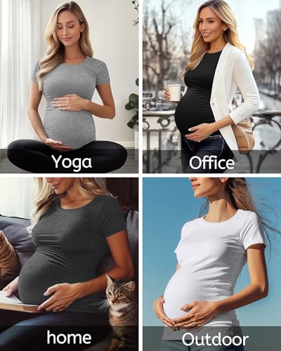 Huukeay 4 Pack Women's Short Sleeve Maternity Tops - color: Black, Light Gray, Dark Gray, White, size: Large